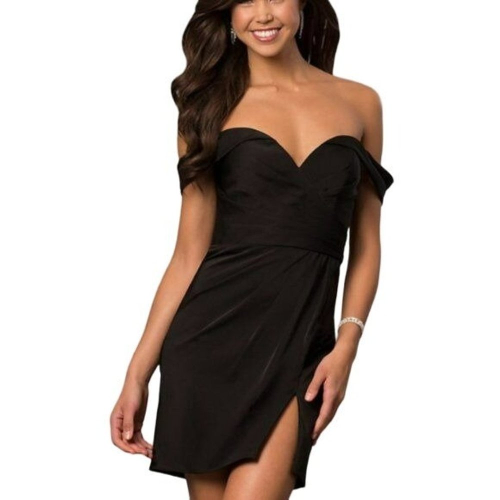 Faviana Off-the-Shoulder Plunging Cocktail Mini Dress Black Size 2  NWT